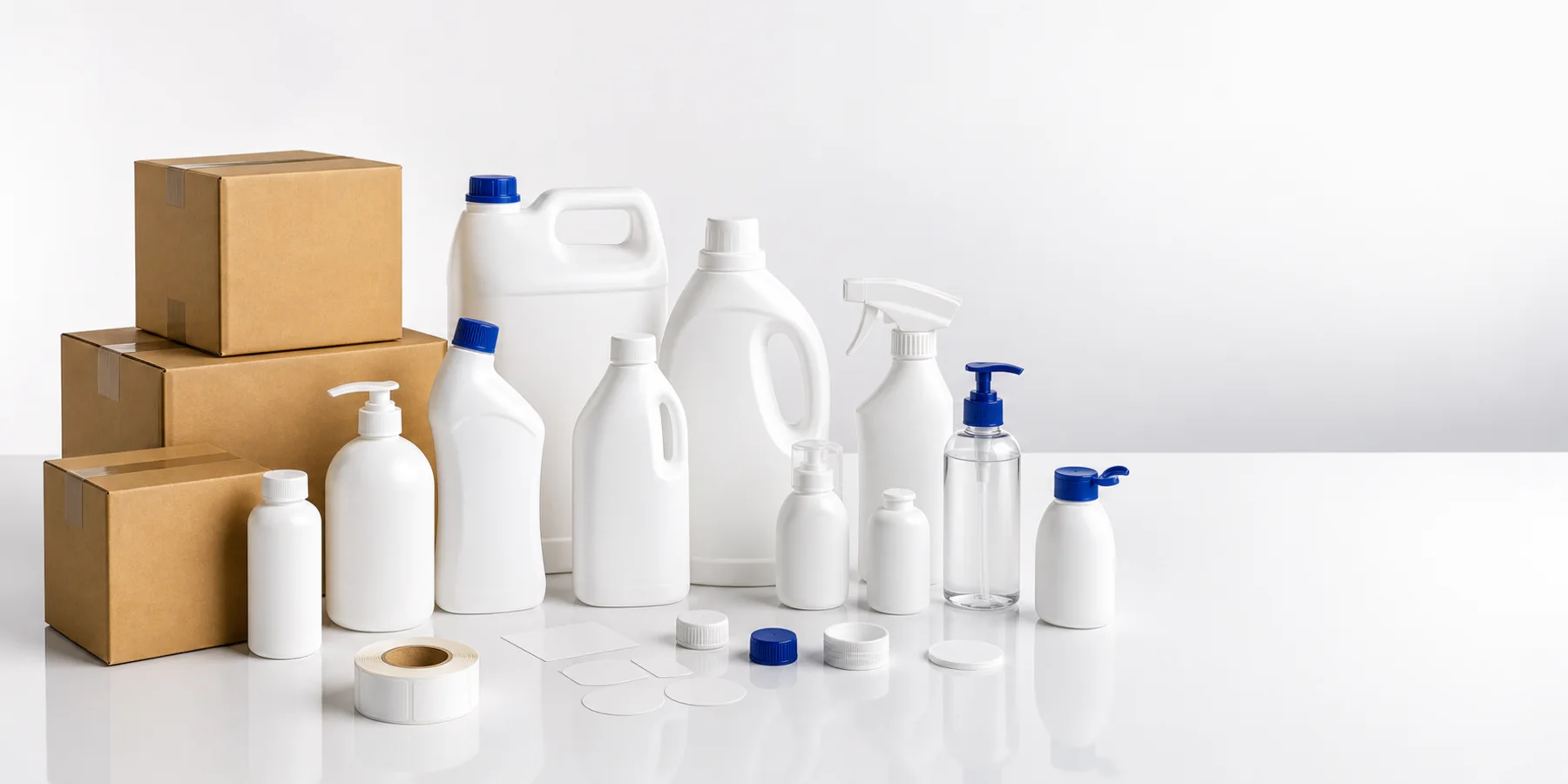 A selection of bottles, caps, labels and cartons illustrating packaging options