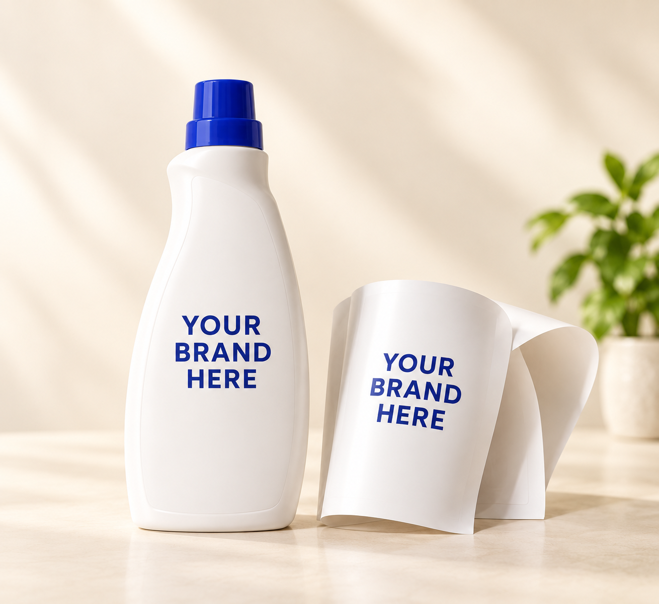 Illustrative white bottle and label proofs showing Your Brand Here